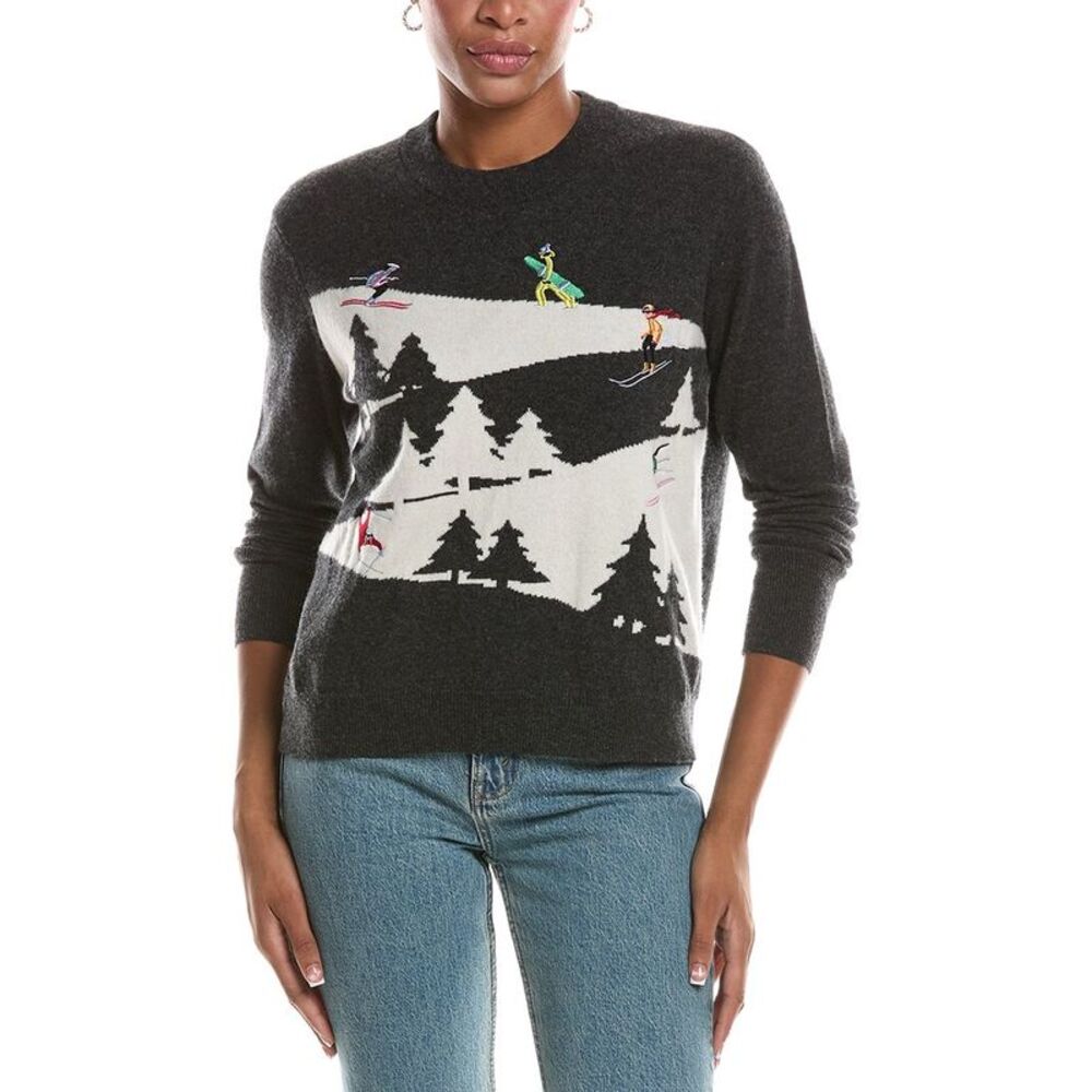 Autumn Cashmere Womens  Snowscape Skiers 100% Cashmere Sweater, Green